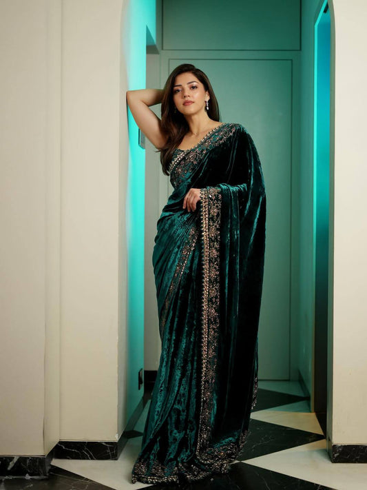 Designer Heavy Zari & Sequins Embroidered Velvet Saree with Unstitched Blouse