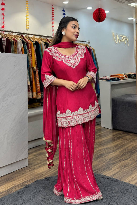 Designer Heavy White Thread Embroidered Short Kurti with Sharara and Dupatta Set