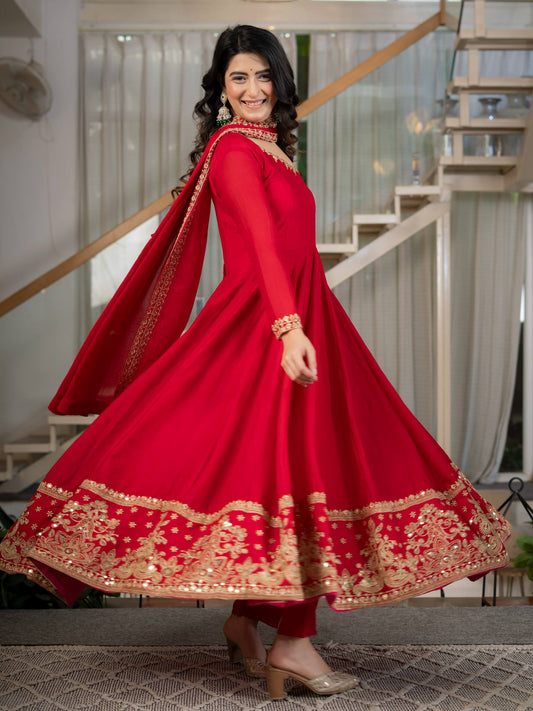 Designer Heavy Gold Zari & Sequins Embroidered Long Flared Anarkali Gown with Pant and Matching Dupatta Set