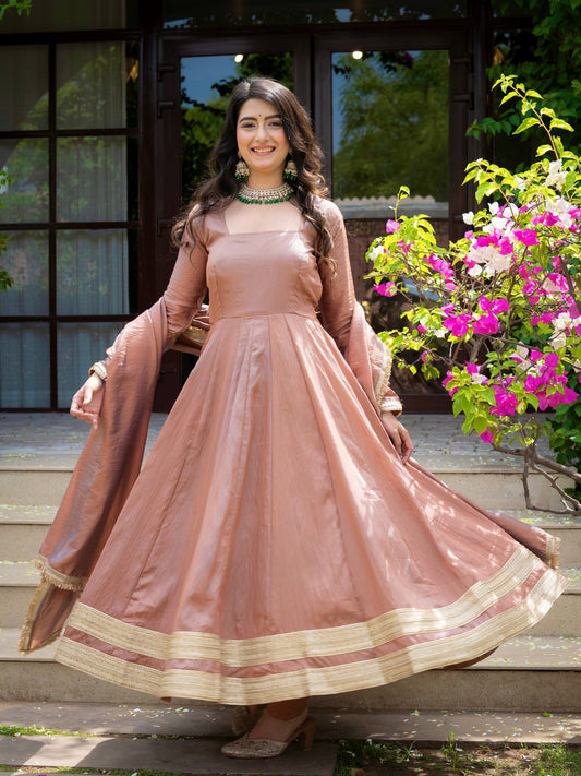 Designer Zari Border Flared Anarkali Gown with Pant and Matching Dupatta Set