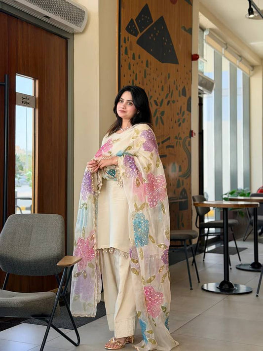 ĐĚSIGNER PARTY WEAR TOP AND FARSI SALVAR WITH FANCY DUPPATA WITH EMBROIDERY WORK
