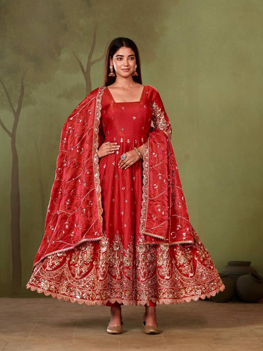 Designer Heavy Embroidered Chanderi Silk Long Flared Anarkali Kurta with Pant and Dupatta Set