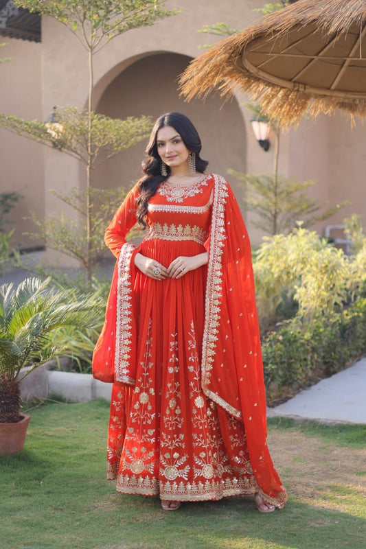 Premium Faux Blooming Georgette Zari & Sequins Embroidered Gown with Dupatta Set