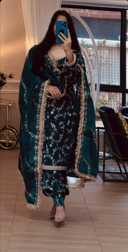 Dark Teal Green Heavy Thread & Sequin Punjabi Suit Set