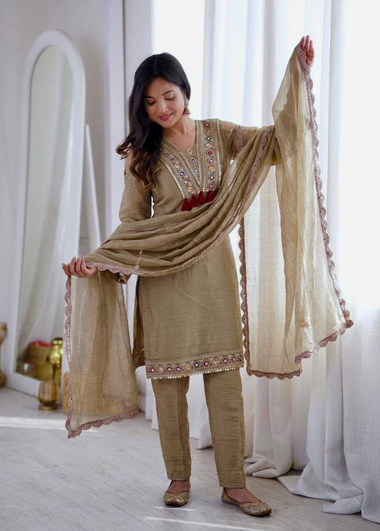 Designer Party Wear Olive-Gold Kurta Set with Cold Shoulder & Scallop Dupatta