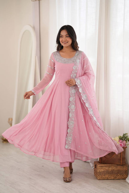 Festive Wear Flared Ethnic Gown Set with Intricate Zari Work & Scalloped Border