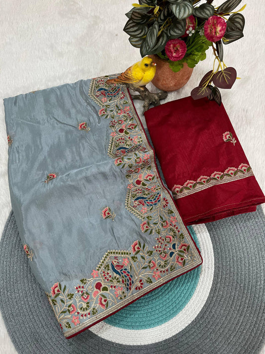 Designer Fancy Silk Saree with Heavy Peacock & Floral Border Embroidery and Blouse Piece