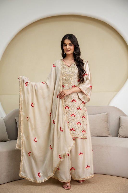 Premium Ivory Floral Embroidered Designer Suit Set