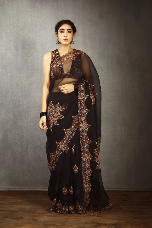 Traditional Thai Organza Aari Embroidery Work Saree