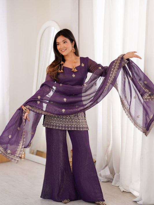 Royal Purple Embroidered Kurti with Matching Sharara & Dupatta Set