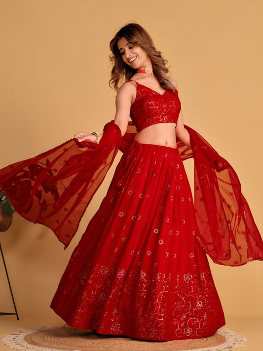 Premium Scarlet Red Floral Georgette Lehenga Choli with Can-Can Layering & Net Dupatta