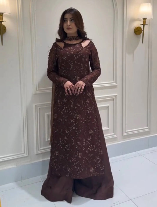 Gorgeous Coffee Brown Georgette Kurta Set with Chic Cut-Out Neckline & Intricate Thread Work