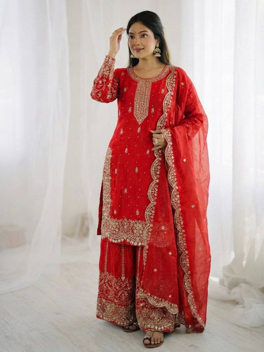 Designer Fendy Silk Embroidered Palazzo Suit Set with Dupatta