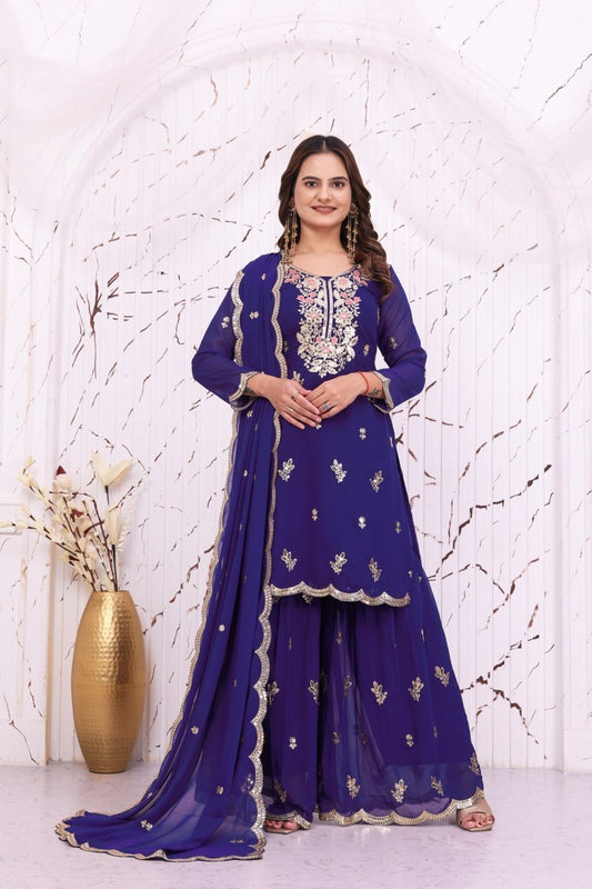 Premium Royal Blue Sharara Suit with Floral Embroidery & Cutwork Dupatta