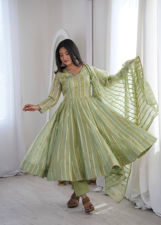 Designer Striped Chanderi Silk Long Flared Anarkali Gown with Pant and Matching Dupatta Set