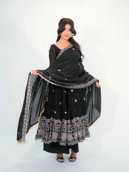 Designer Heavy Embroidered Georgette Long Flared Anarkali Gown with Pant and Matching Dupatta Set