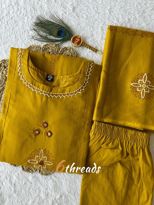 Pure Cotton Mustard A-Line Kurti Pant Set with Mirror Work