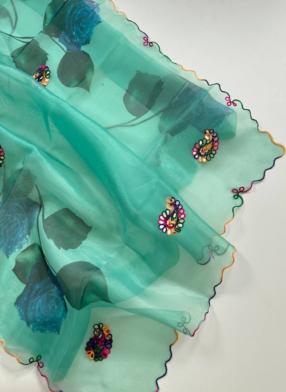 Premium Organza Handprint Saree with Hand Gota Work & Stitched Banglori Blouse 01-2