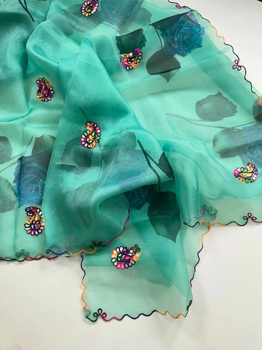 Premium Organza Handprint Saree with Hand Gota Work & Stitched Banglori Blouse 01-4