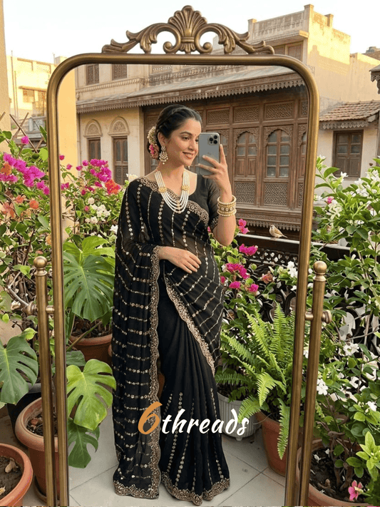 Fendy Satin Leheriya Saree with Hand Cutdana Work & Unstitched Blouse