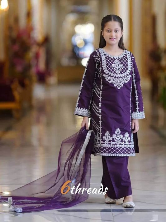 Deep Purple Kids’ Silk Suit with Silver Zari Embroidery