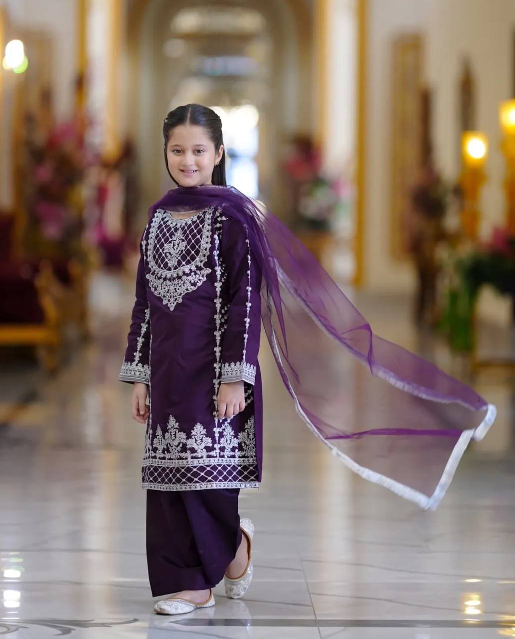 Deep Purple Kids’ Silk Suit with Silver Zari Embroidery