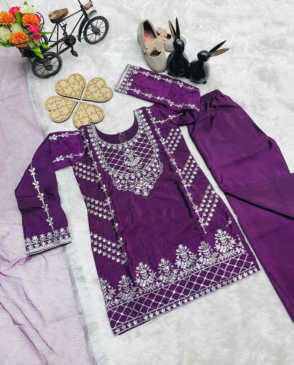 Deep Purple Kids’ Silk Suit with Silver Zari Embroidery