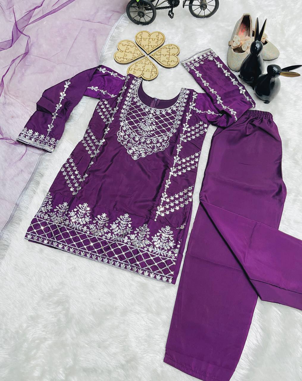 Deep Purple Kids’ Silk Suit with Silver Zari Embroidery