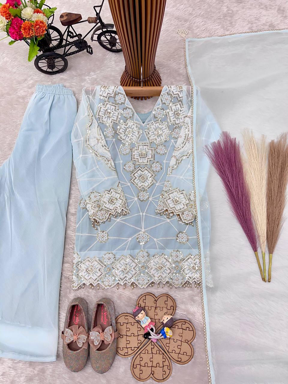 Designer Georgette Top & Fluid Palazzo Set with Latkans