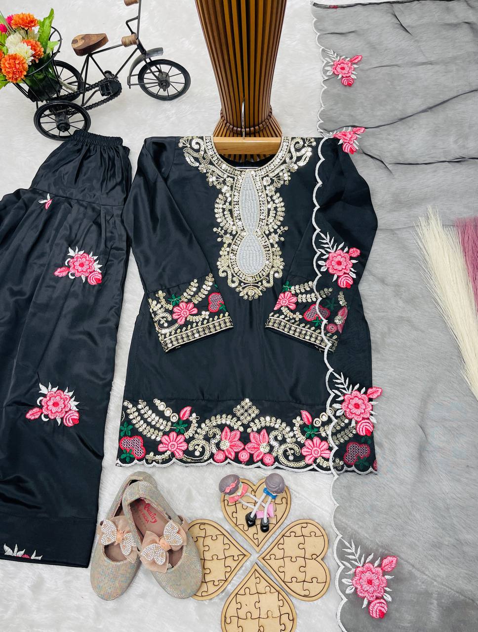 Designer Sequence Embroidery Crepe Suit Set for Kids