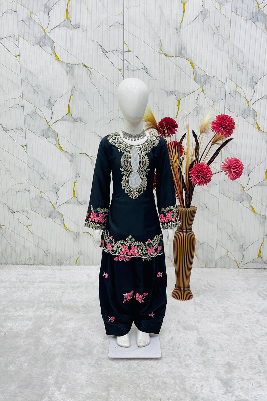 Designer Sequence Embroidery Crepe Suit Set for Kids