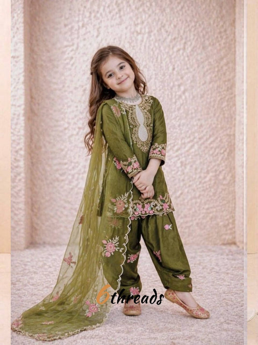 Designer Sequence Embroidery Crepe Suit Set for Kids