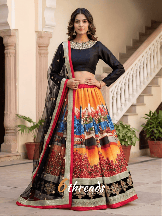 Black Blouse with Digital Printed Scenic Lehenga Choli