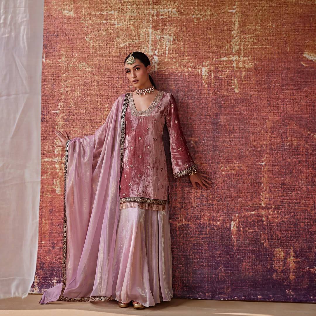 Premium Velvet Top & Fandy Crushed Silk Lehenga Palazzo Set with Sequence Embroidery