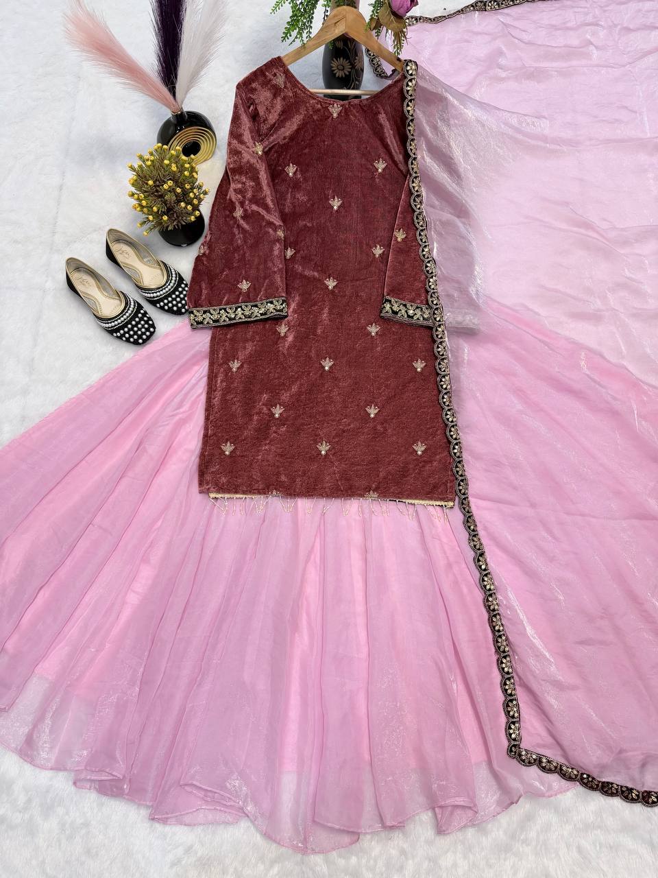 Premium Velvet Top & Fandy Crushed Silk Lehenga Palazzo Set with Sequence Embroidery