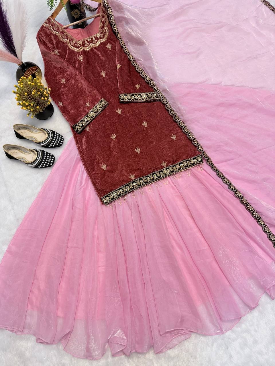 Premium Velvet Top & Fandy Crushed Silk Lehenga Palazzo Set with Sequence Embroidery