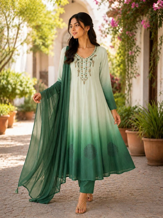 Festival Special Designer Chiffon Anarkali Gown, Pant & Dupatta Set