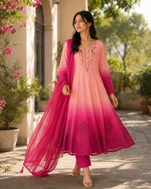 Festival Special Designer Chiffon Anarkali Gown, Pant & Dupatta Set