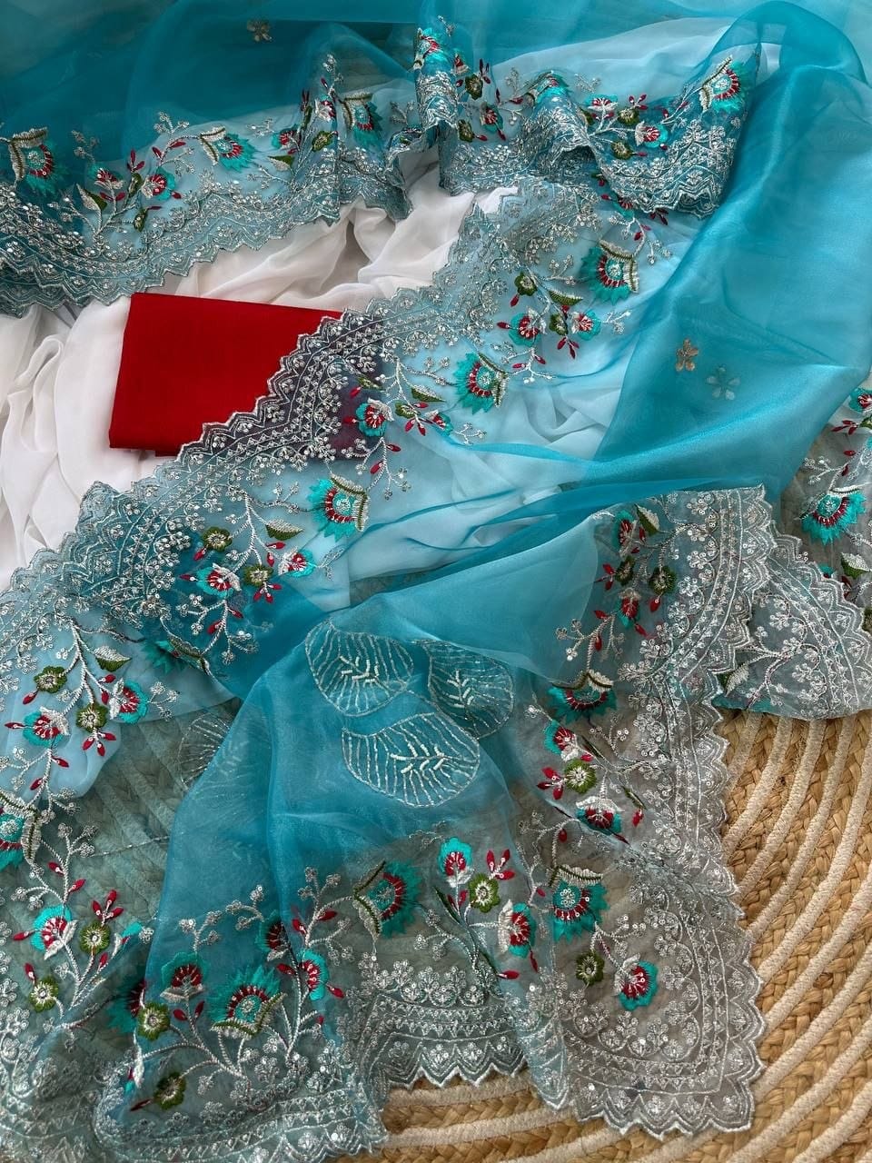 Premium Two-Shaded Pure Organza Saree with Authentic Handwork Cutwork Border & Unstitched Blouse