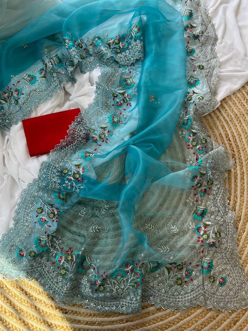 Premium Two-Shaded Pure Organza Saree with Authentic Handwork Cutwork Border & Unstitched Blouse