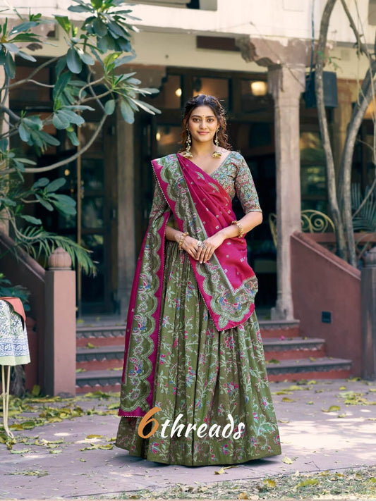 Fully Stitched Tasar Silk Foil Print Lehenga with Gotta Patti Work