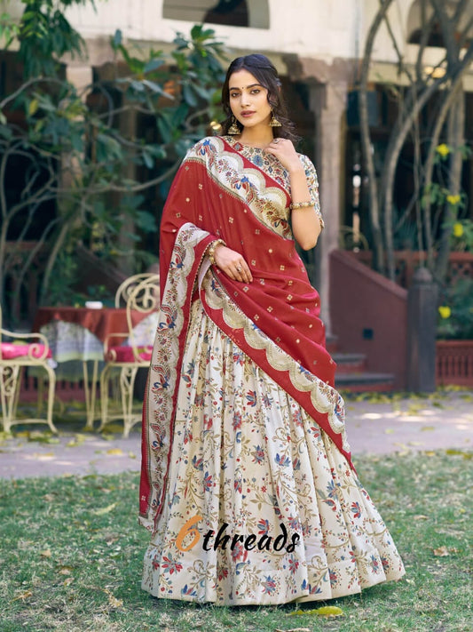 Fully Stitched Tasar Silk Foil Print Lehenga with Gotta Patti Work