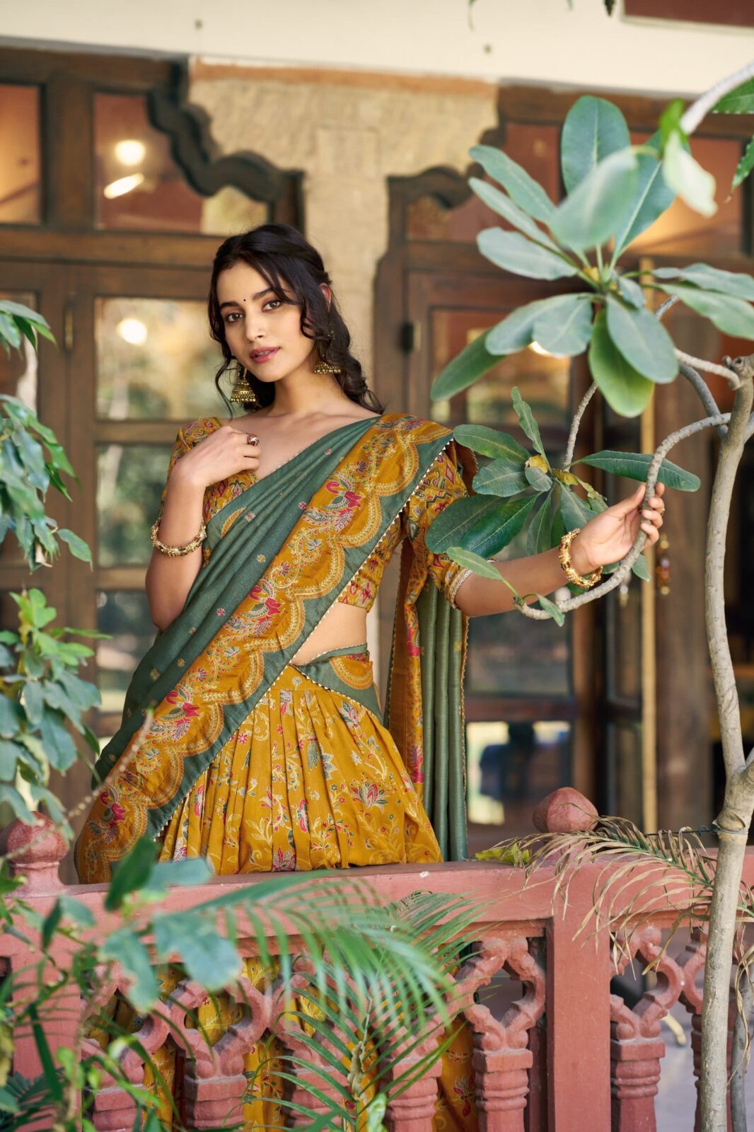 Fully Stitched Tasar Silk Foil Print Lehenga with Gotta Patti Work