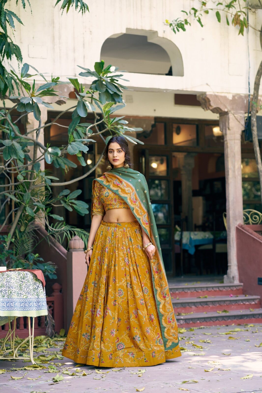 Fully Stitched Tasar Silk Foil Print Lehenga with Gotta Patti Work