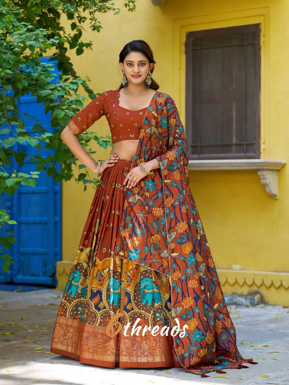 Fully Stitched Tasar Silk Kalamkari Print Lehenga Choli