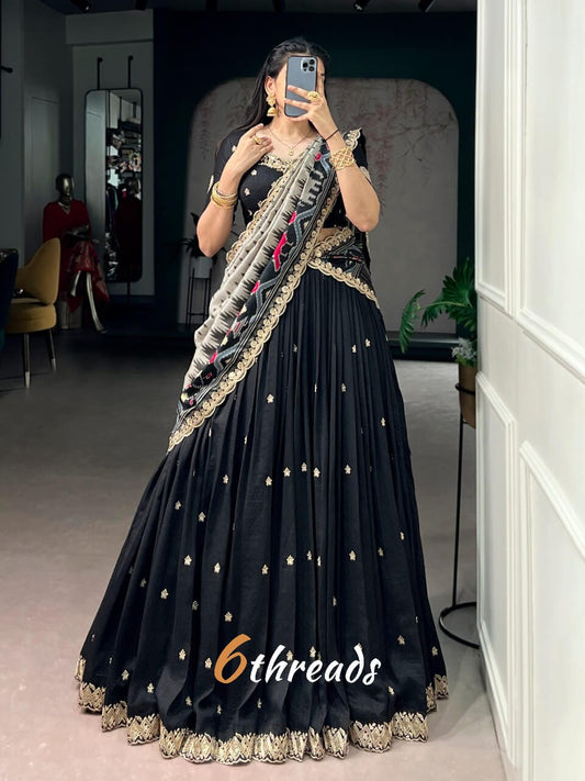 Fully Stitched Vichitra Silk Embroidery Lehenga with Ikkat Dupatta