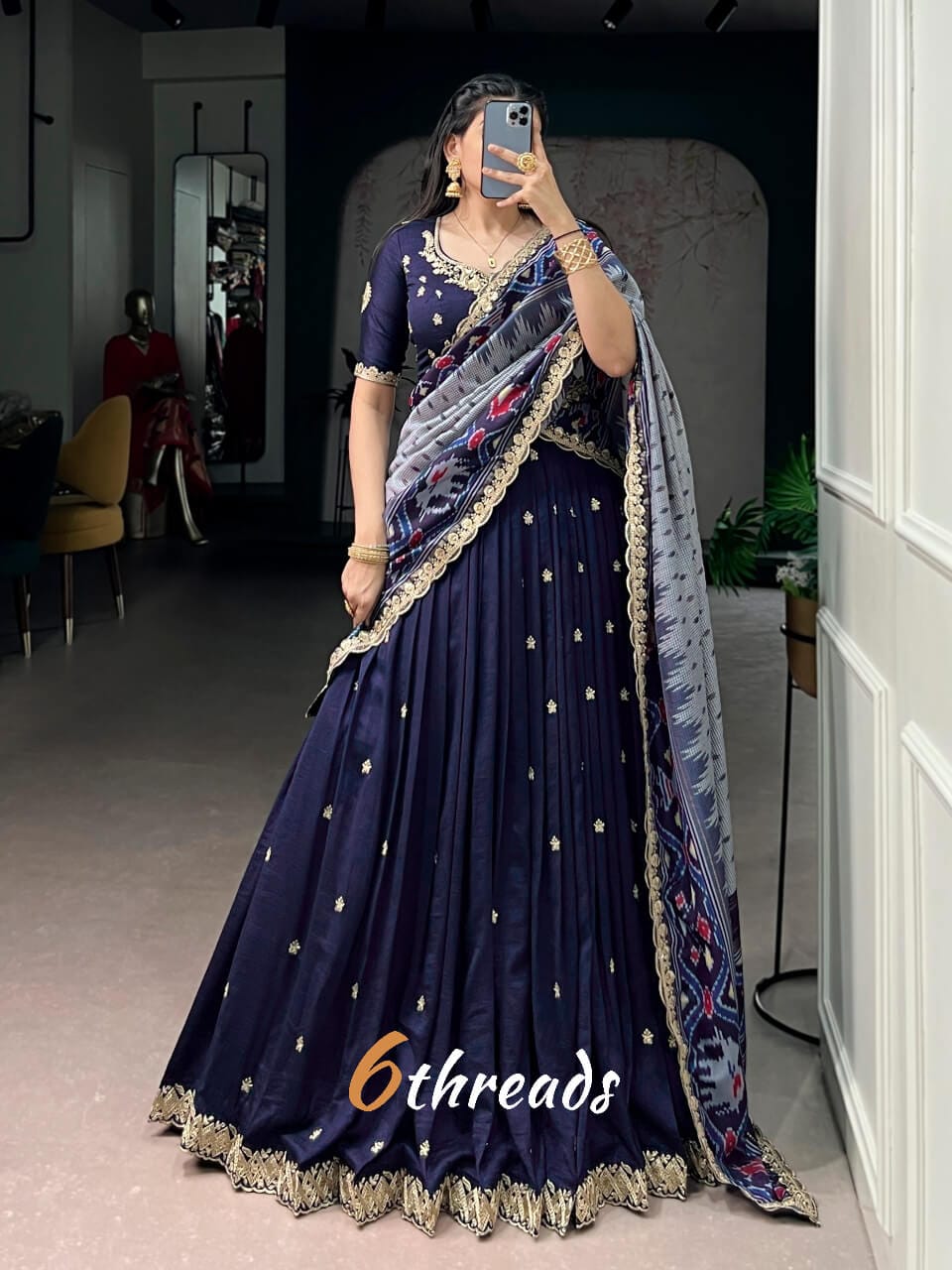 Fully Stitched Vichitra Silk Embroidery Lehenga with Ikkat Dupatta