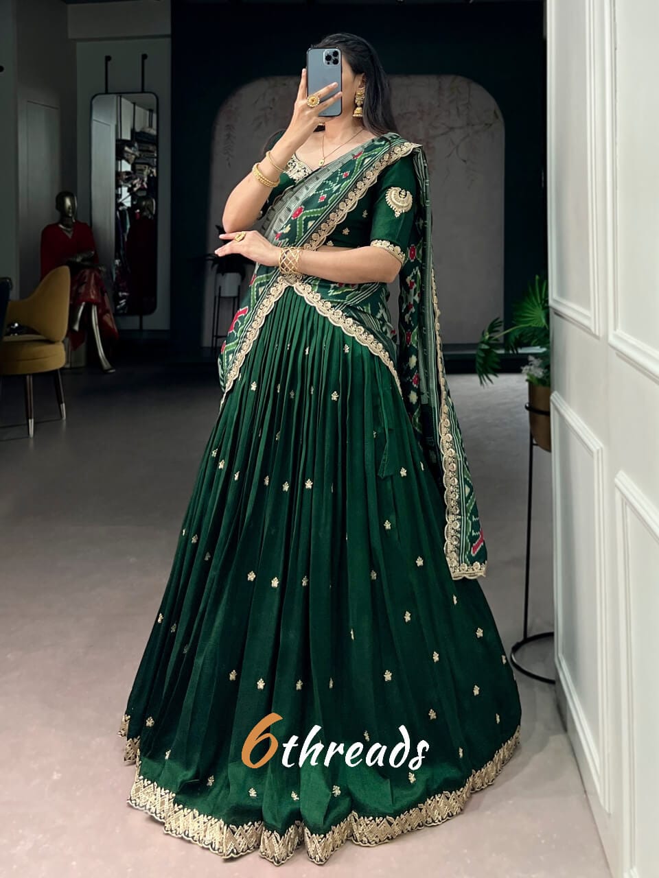 Fully Stitched Vichitra Silk Embroidery Lehenga with Ikkat Dupatta