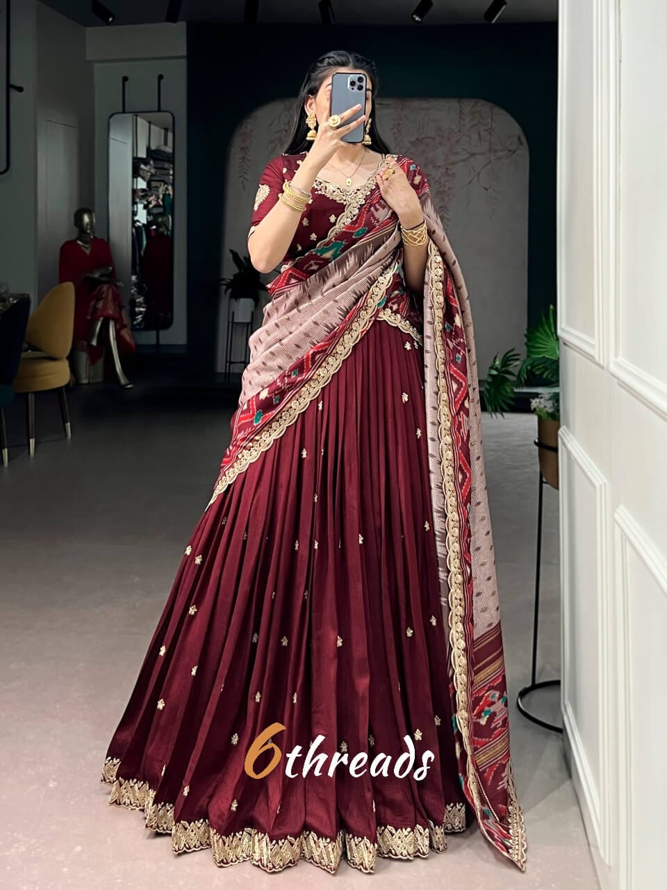 Fully Stitched Vichitra Silk Embroidery Lehenga with Ikkat Dupatta