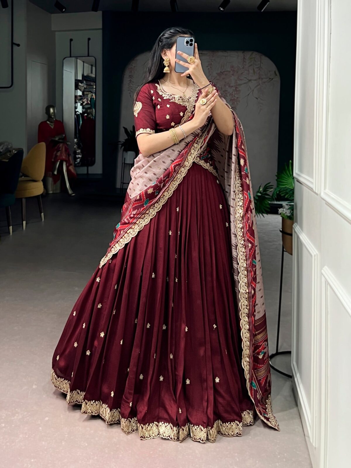 Fully Stitched Vichitra Silk Embroidery Lehenga with Ikkat Dupatta